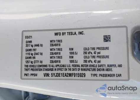 2021 Tesla Model 3 Standard Range Plus Rear-Wheel Drive из США, поврежденный, VIN 5YJ3E1EA2MF915929